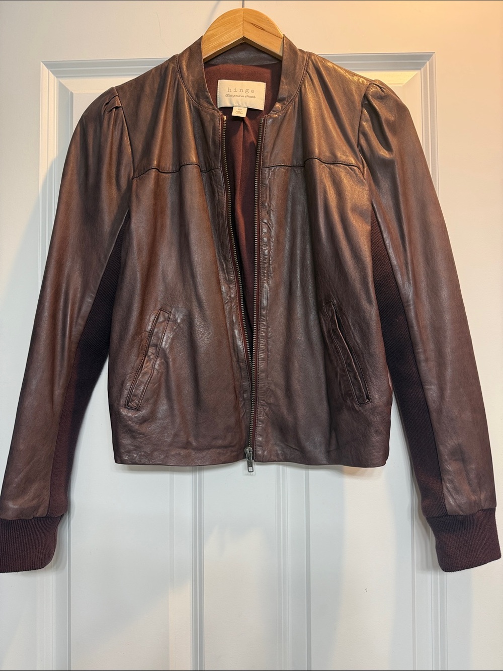 Vintage Hinge Leather Bomber Jacket with Ribbed Panels. EUC. Size XS